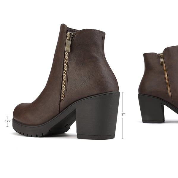 Comfortable Low Heel Chunky Ankle Boots - BROWN PU - 2